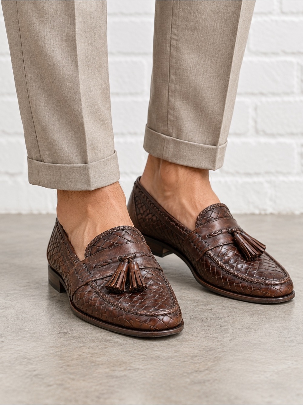 Vintage Bragano Cole Haan 9.5M Brown Woven Leather Tassel Loafers Italy